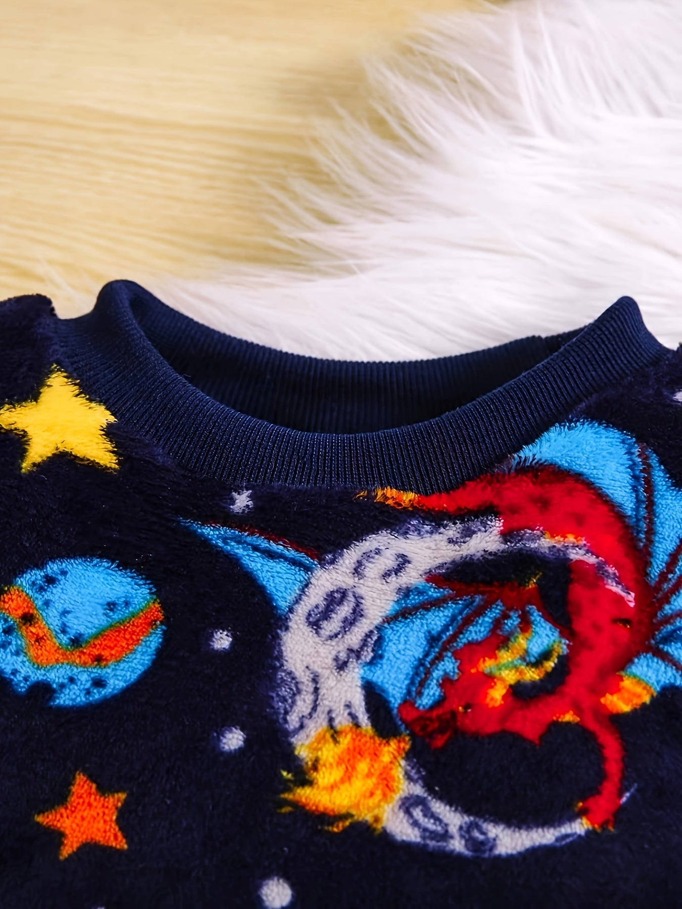 Boy'S Christmas Themed Flannel Pajama Set, 2pcs Crew Neck Outfit with Rib-Knit Details, Medium Stretch Knit Fabric, Regular Fit, Polyester 100%, Cozy Winter Home Wear