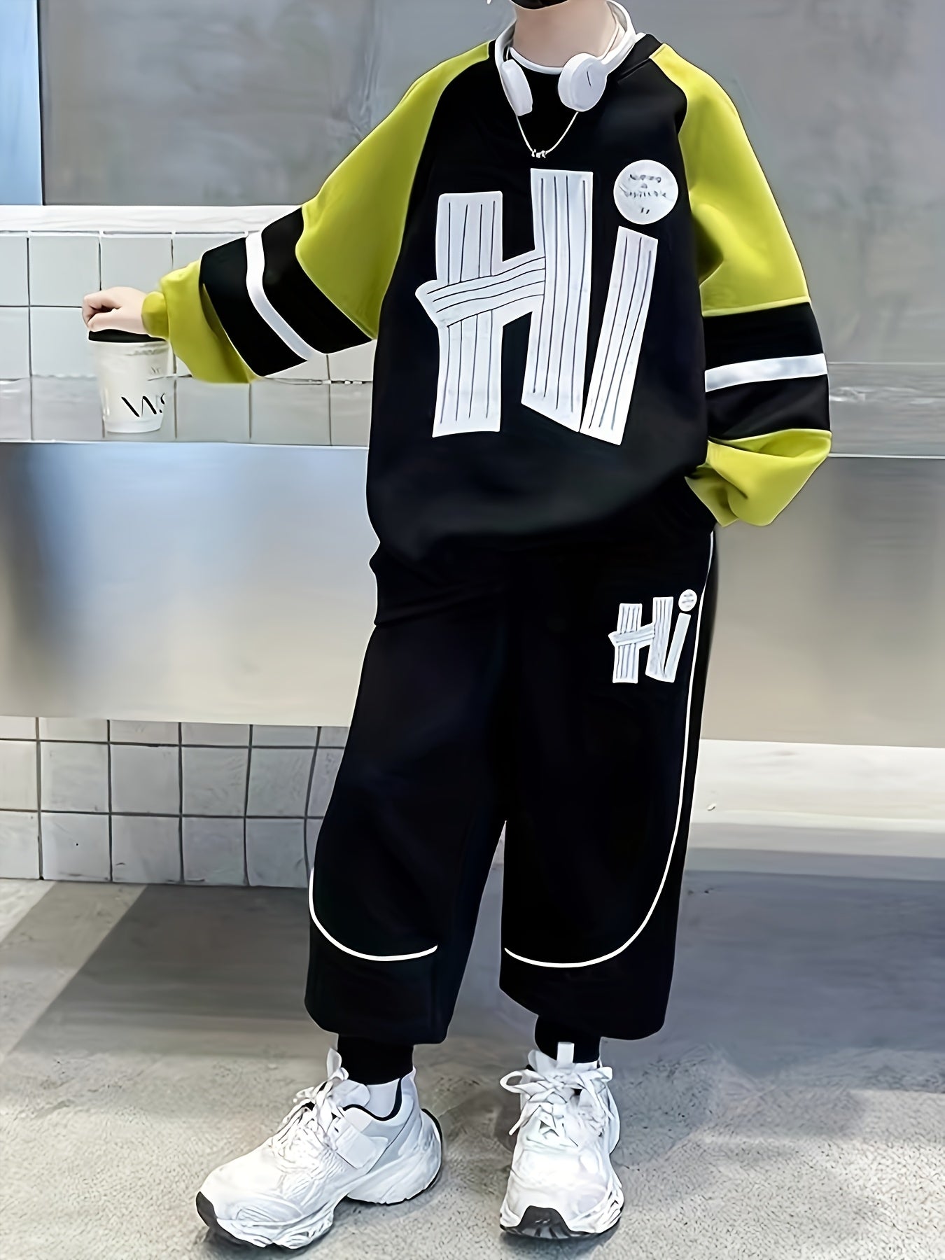 Boys' 2pcs Set, Spring/Autumn Medium-Large Size Sports Casual Comfortable Letter Print Raglan Sleeve Contrast Hoodie + Elastic Waist Side Pocket Pants Outfit, Perfect for Outdoor
