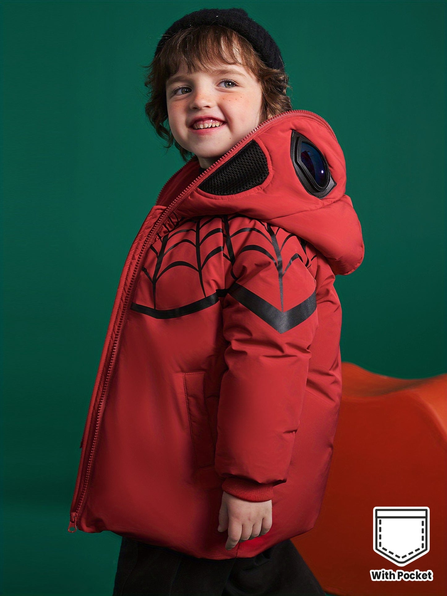 ASK JUNIOR Boys' Spider Pattern Hooded Jacket - 90% White Duck Down, Casual Style with Pockets, Long Sleeve, Drop Shoulder, Regular Fit for Winter Daily Wear & Themed Parties, Winter Coat, Playful Design, Durable Outerwear