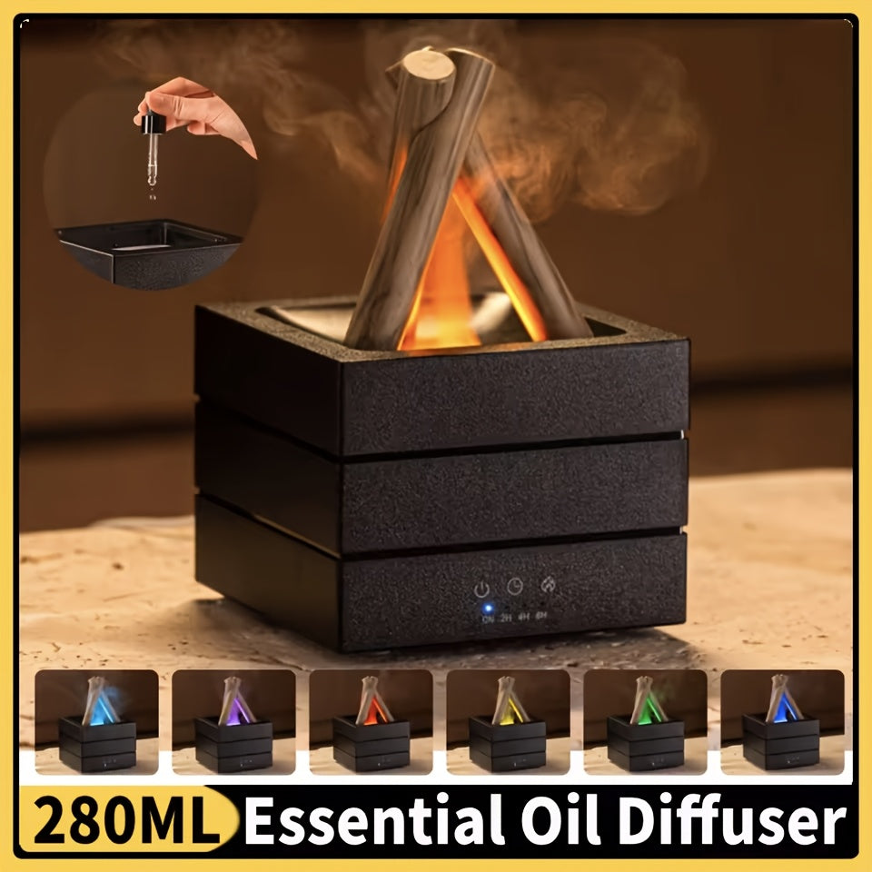 280ml Flame Effect Essential Oil Diffuser & Humidifier – Simulated Campfire Mist, 7-Color LED Ambient Light, Quiet Soundwave technology, 2H/4H Timer, Auto Shut-off, Aromatherapy Air Freshener for Bedroom, Office, Yoga & Gifts