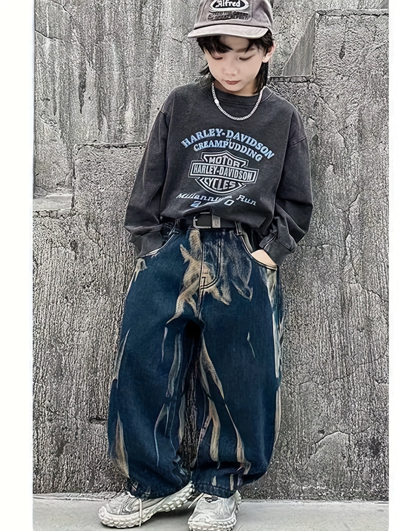 Y2K Boys' High-Waisted Washed & Tie-Dye Distressed Faux Denim Faux Denim - Stretchy Loose-Fit Straight-Leg Pants with Frayed Hem & Belt Loops, Vintage Streetwear Style For Outdoor & Casual Wear