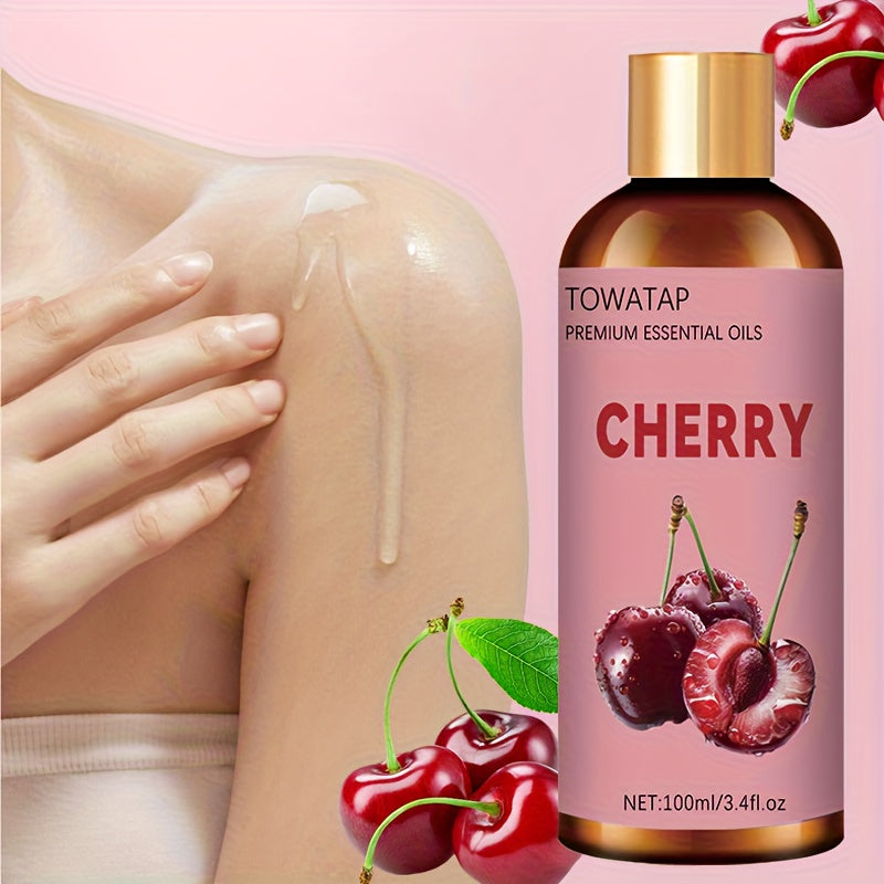 TOWATAP 100% Pure Cherry Essential Oil 100ml - Natural Cherry Extract, Light Beige Moisturizing Oil for Face, Body, Hair, Massage, Diffusers & Bath - Sensitive Light Beige, Men & Women, Cherry Scented Oil