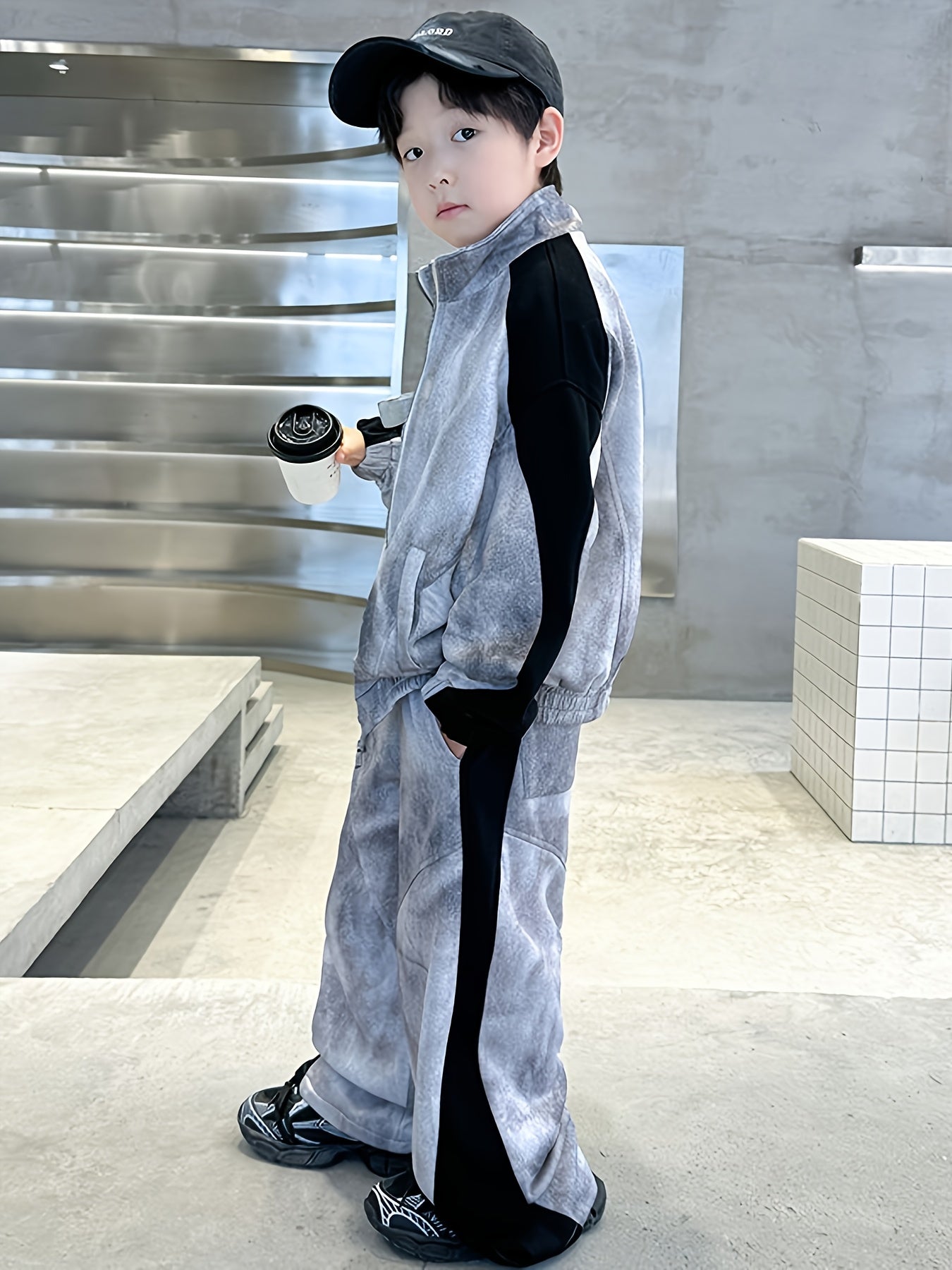 Boys' Casual Sportswear Set - Long Sleeve Hoodie & Joggers, Gray & Black Two-Tone Design, Non-Stretch Fabric, Perfect for Outdoor Activities, Spring/Fall Collection, Perfect for Outdoor