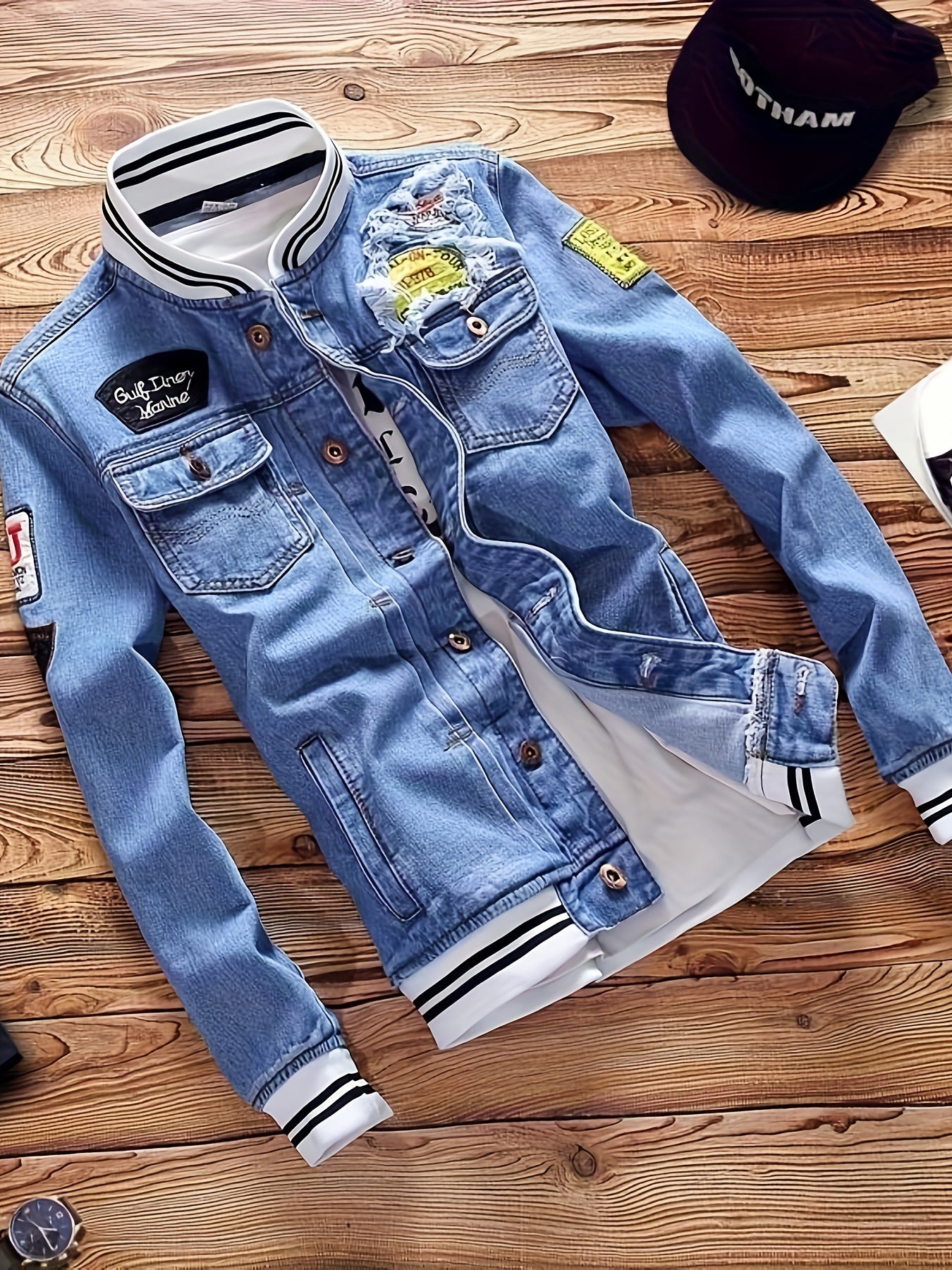 Men's Heavy-Duty Blue Denim Jacket with White Piping & Golden-Tone Buttons - Oversized Workwear Coat, Stand Collar, Chest Pocket, Machine Washable - Casual & Semi-Formal Outerwear (Jeans Jacket)