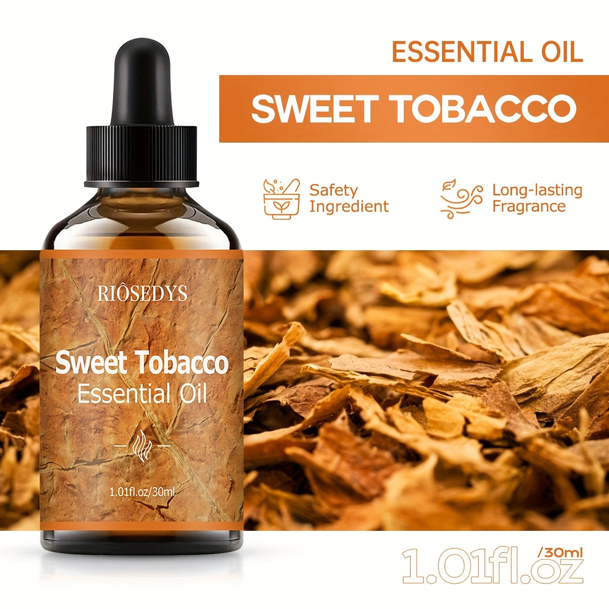 RIÔSEDYS Sweet Tobacco Essential Oil - 1.1fl.oz/30ml, Alcohol-Free, Warm Caramel & Vanilla Scent, Non-Greasy Light Beige Oil for Diffusers, Humidifiers, Skincare & Home Fragrance, Diffuser Oil, Elegant Label Design, Natural Fragrance Oil