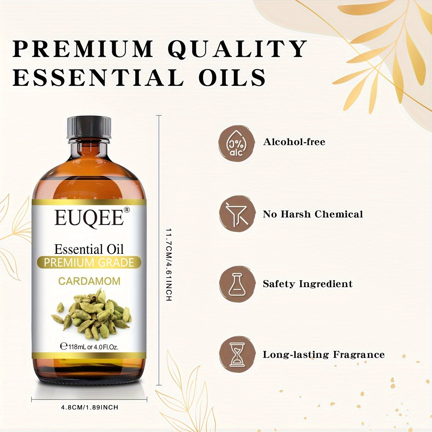 1 Bottle EUQEE Cardamom Essential Oil, 118ml/4.0fl.oz, Aromatherapy Grade, Mood Lifting, Multipurpose Liquid for Diffusers, Humidifiers, Oil Burners & DIY Crafts