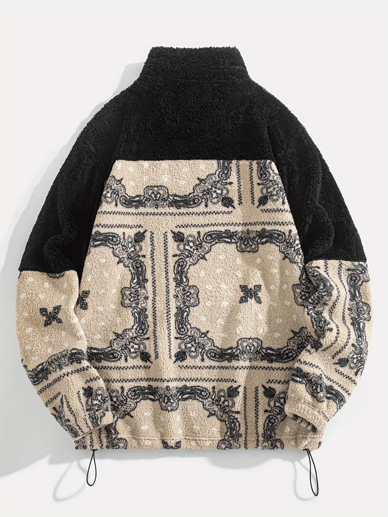 Men'S Winter Jacket - Black & Beige Color Block Sweater Coat with Stand-Up Collar, Warm Fleece Outerwear for Cold Weather, Loose Fit Casual Jacket with (Pocket) for Everyday & Formal Events, Winter Coats, Cold Weather Apparel, Ethnic Pattern Design, Dura