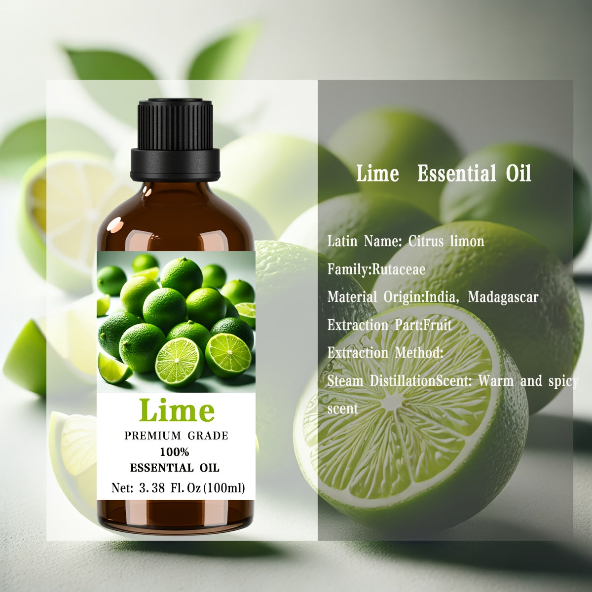 3.38fl.oz 100% Pure Lime Essential Oil - Premium Grade Moisturizing Oil for Nail, Hair & Light Beige Care, Massage, Diffusers, Humidifiers, Meditation - Refreshing Citrus Scent for Men & Women, All Light Beige Types, Natural Fragrance, Elegant Design, Na