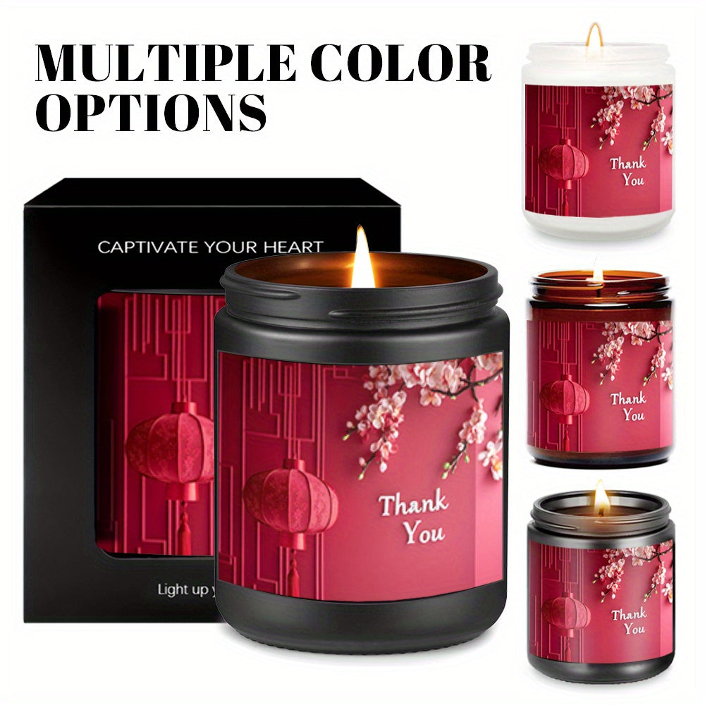 1pc Cherry Blossom Scented Candle in Jar or Glass Jar - Red & Black Floral Design with Thank You Message, Soy Wax Long-Lasting 8-12 Hours, Elegant Home Decor Gift for Birthdays, Anniversaries, Graduation, Thanksgiving, Cherry Blossom Decor, Festive Occas
