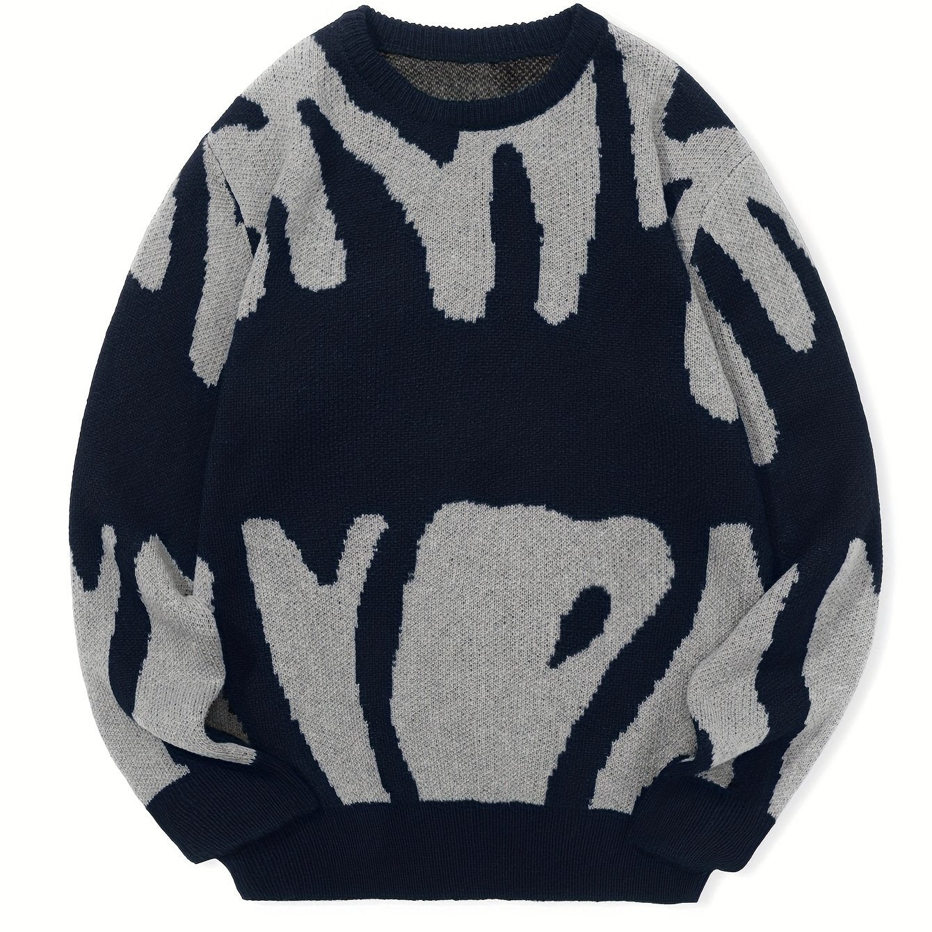 All Match Knitted Letter Print Sweater, Men's Casual Warm Slightly Stretch Crew Neck Pullover Sweater For Men Fall Winter, K-pop