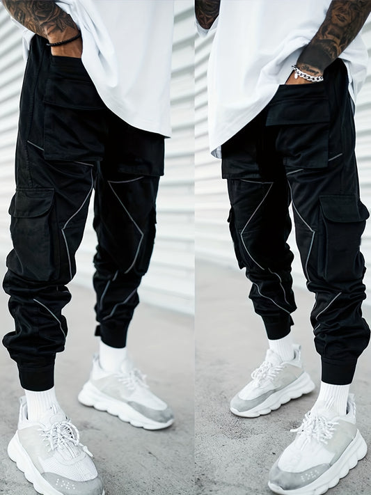 Stylish Multi-Pocket Cargo Pants for Men - Long Footed, Reflective Stripes, Climbing, Mountain, Outdoor Fitness - Comfortable, Breathable, Quick-Drying