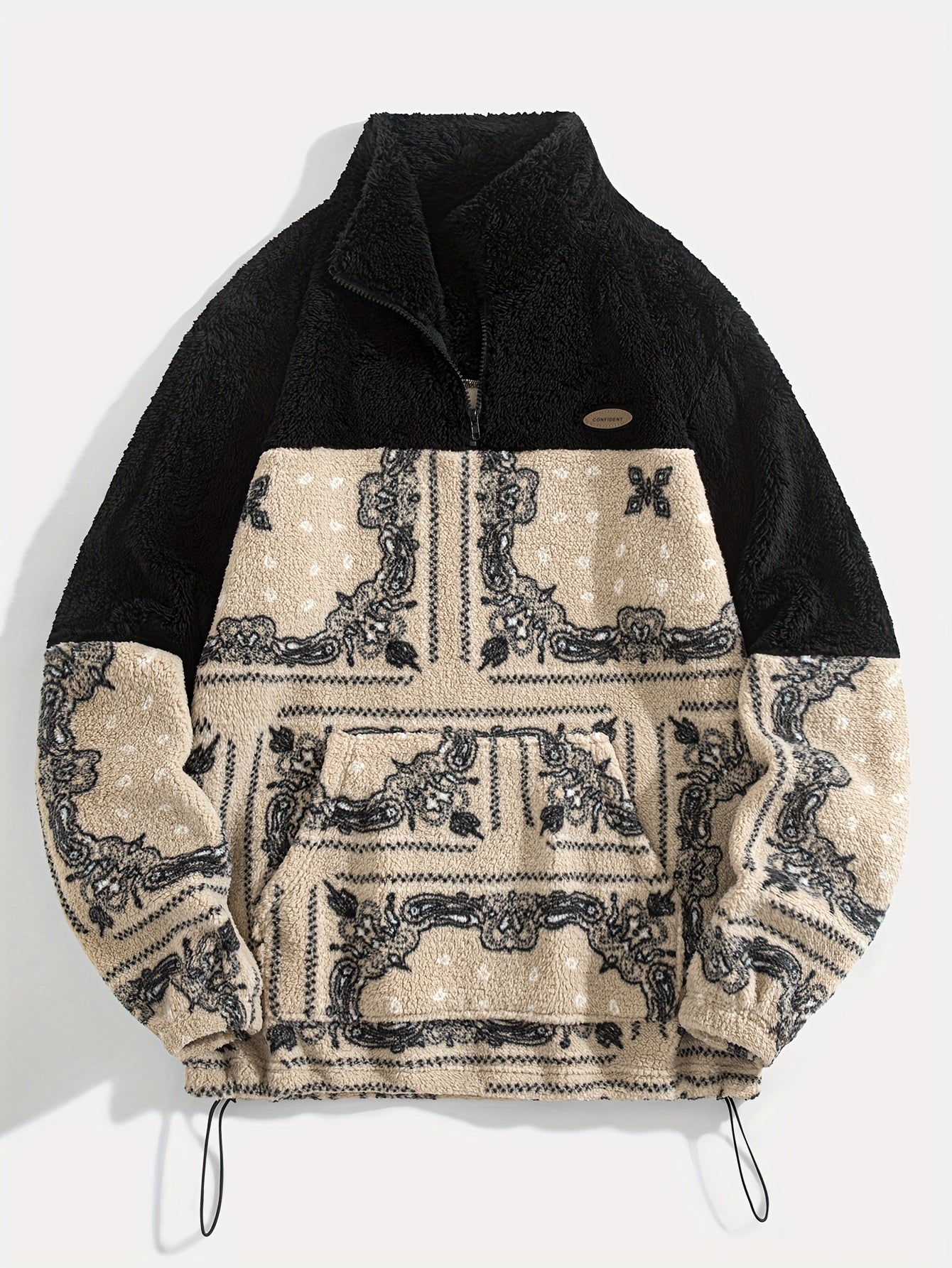 Men'S Winter Jacket - Black & Beige Color Block Sweater Coat with Stand-Up Collar, Warm Fleece Outerwear for Cold Weather, Loose Fit Casual Jacket with (Pocket) for Everyday & Formal Events, Winter Coats, Cold Weather Apparel, Ethnic Pattern Design, Dura