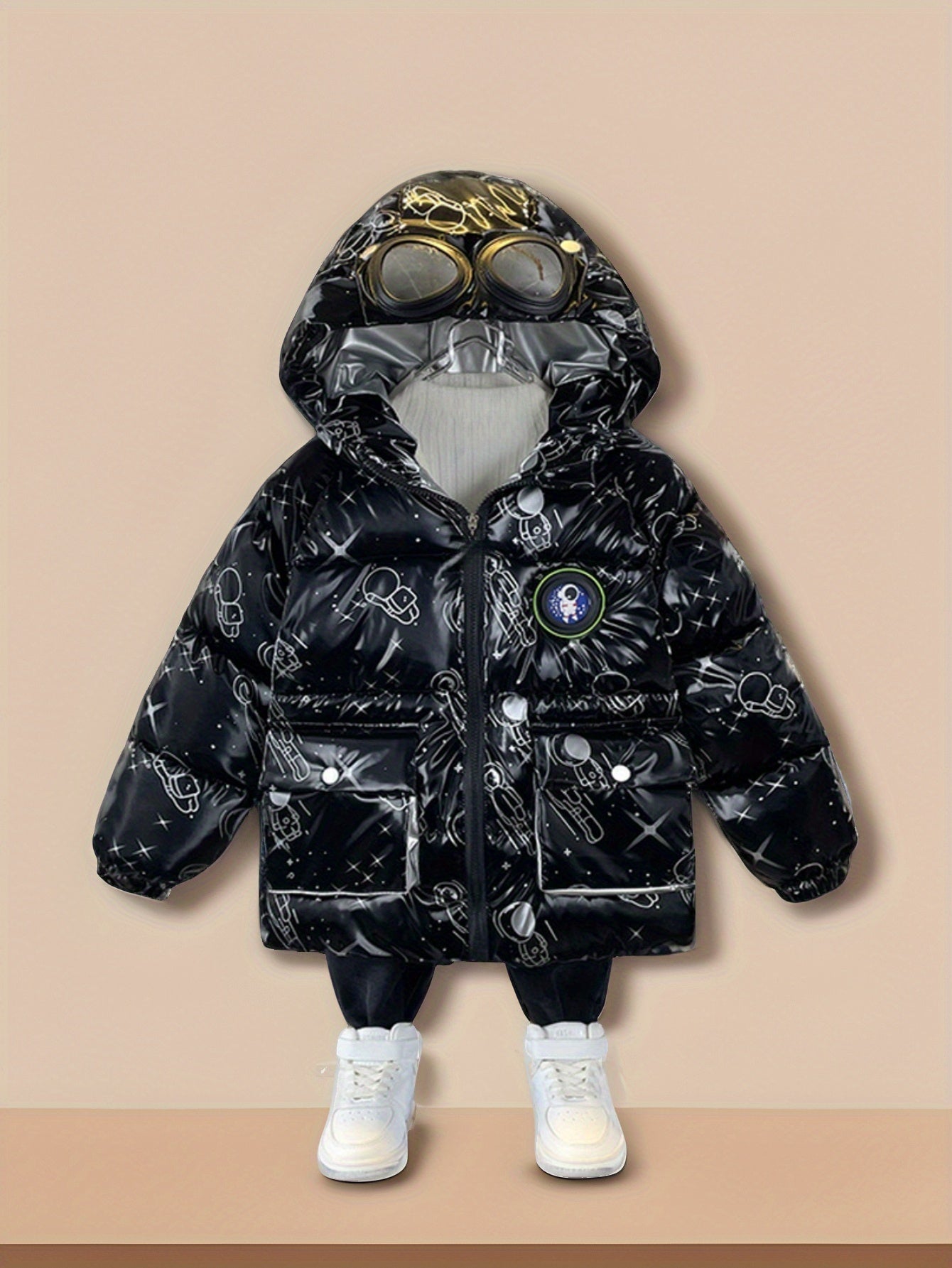 Space Astronaut Boys' Warm Jacket Winter Coat for Kids, Mid-Length Fleece-Lined Hooded Outerwear for Boys and Girls, Thickened Polyester Windproof Fashionable Versatile Trendy Winter Jacket for Students and Teens
