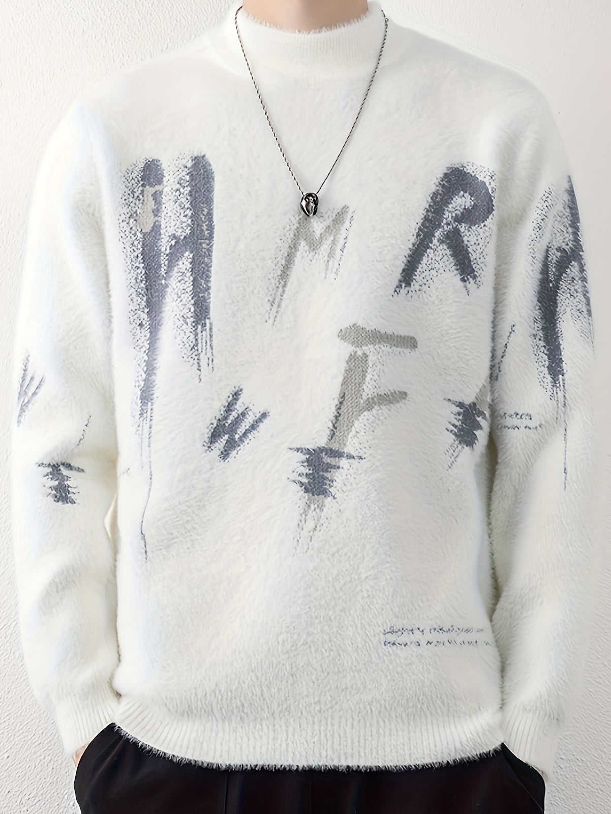 SENMEIGUO Men's Slim Fit Thick Knit Sweater - White with Black Brushstroke Letter Design, Round Neck Long Sleeve Thermal Base Layer for Autumn Winter Casual Wear, Winter Sweater, Modern Knitwear, Textured Fabric