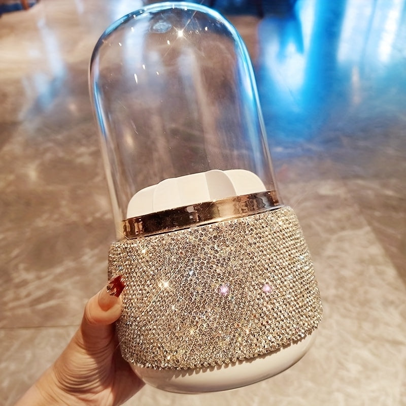 1pc Elegant Round Rotating Makeup Brush Holder with Sparkling Rhinestone Design - Dustproof Cosmetic & Lipstick Organizer, Freestanding Plastic Storage Box with Lid for Vanity Display, Makeup Brush Holder for Bathroo