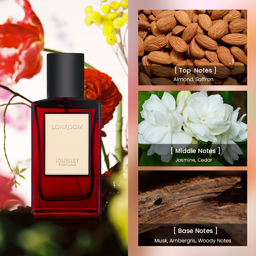 LONKOOM JOURNEY Long-Lasting Oriental Floral Parfum for Women & Men - Luxury Perfume with Golden Accent Bottle, Rich Amber Red Fragrance, 4-6 Hour Longevity, Elegant Gift for Anniversaries, Dates - 100ml/3.4fl.oz