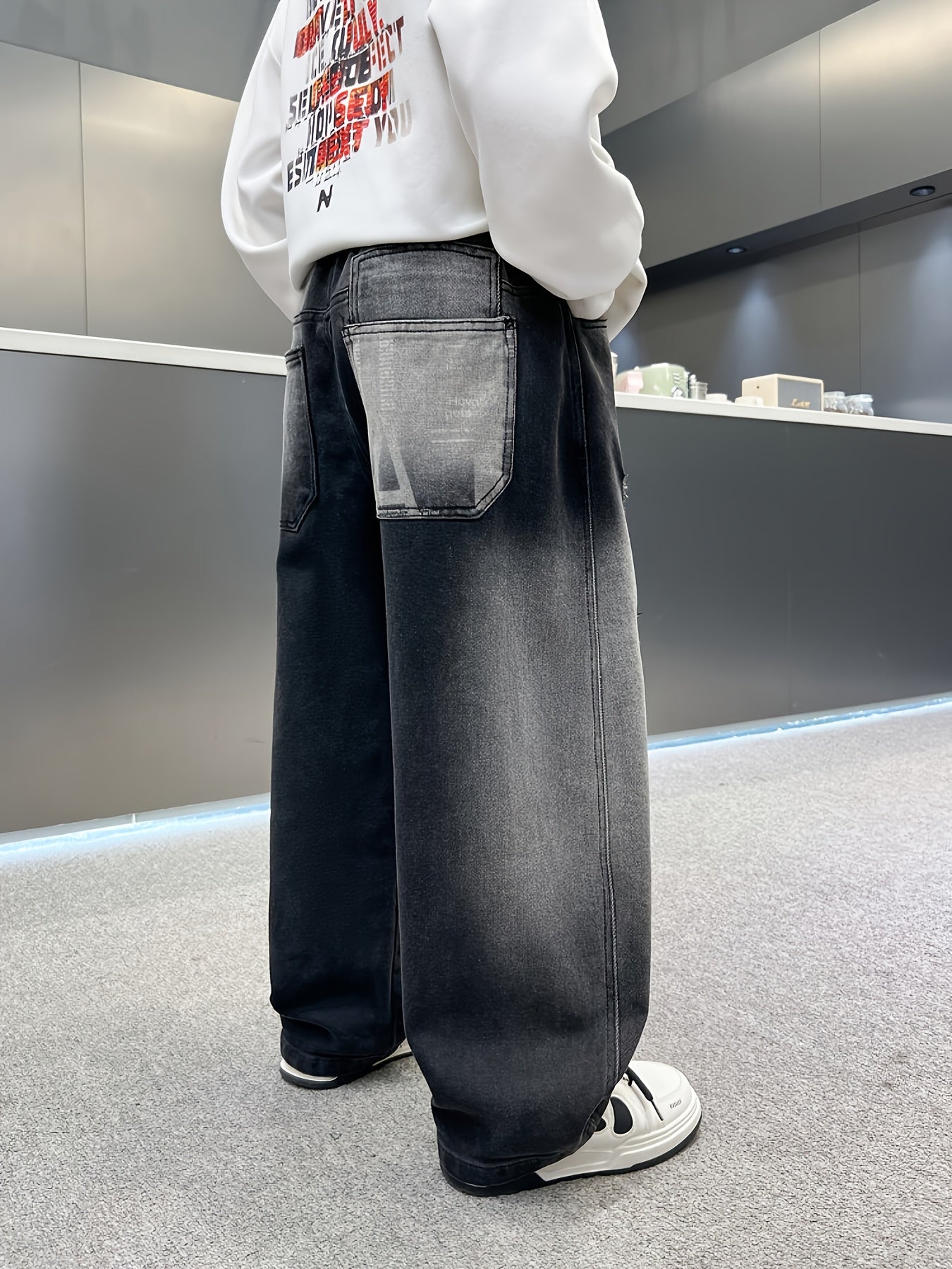 Boys' Casual Loose-Fit Straight-Leg Faux Denim with Elastic Waistband - Cartoon Character & Letter Print, Ripped Detail, All-Season Outdoor Sports & Dance Pants for School, Cycling, and Casual Attire, Boy Faux Denim, School Uniform Pants, Trendy Cartoon
