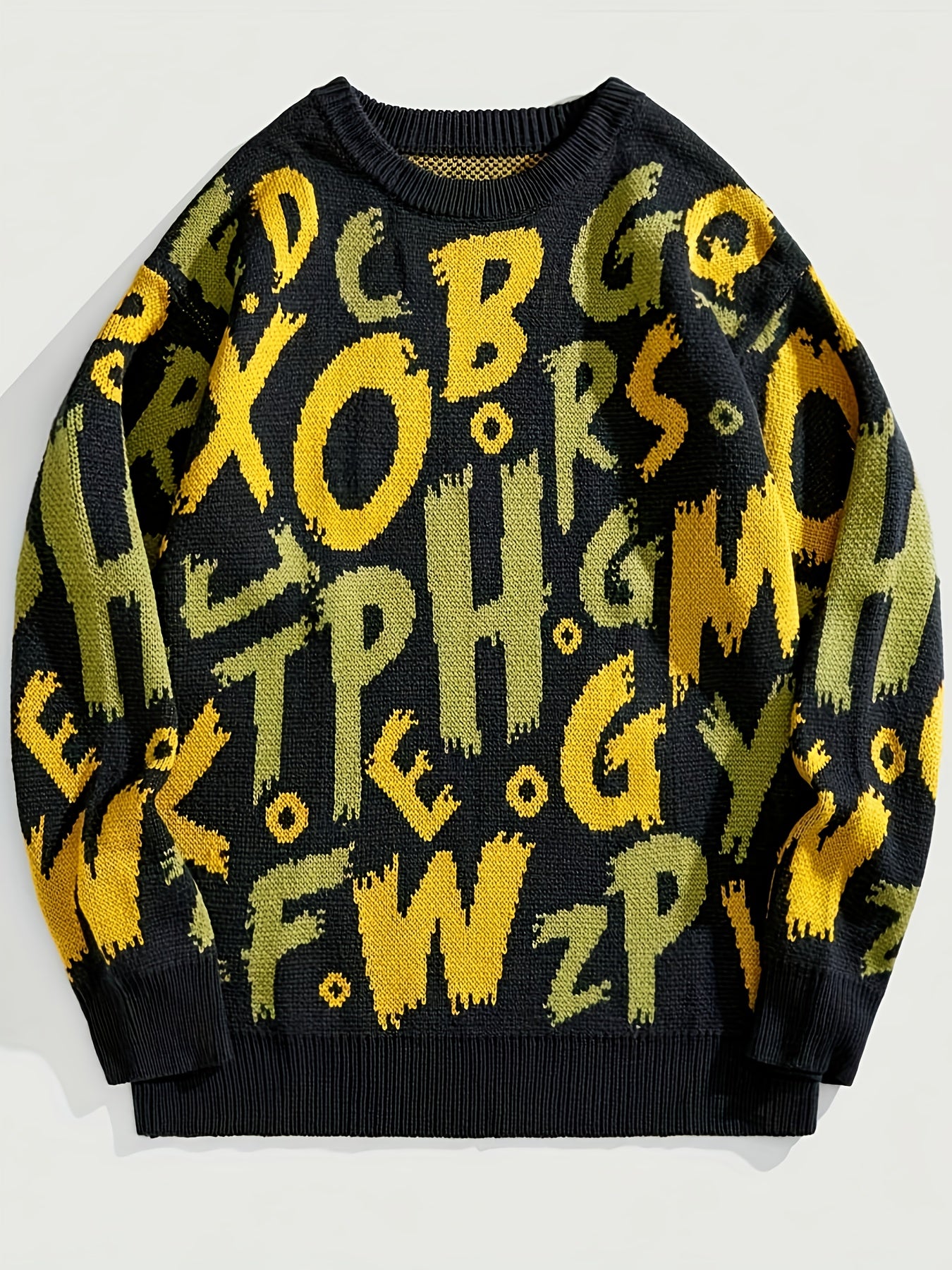 Men'S Oversized Knit Sweater with Bold Letter Print - Cozy Long Sleeve Crew Neck Pullover for Fall/Winter, Casual Streetwear Style, Acrylic Blend, Relaxed Fit, Winter Streetwear | Bold Letter Print | Acrylic Blend Sweater