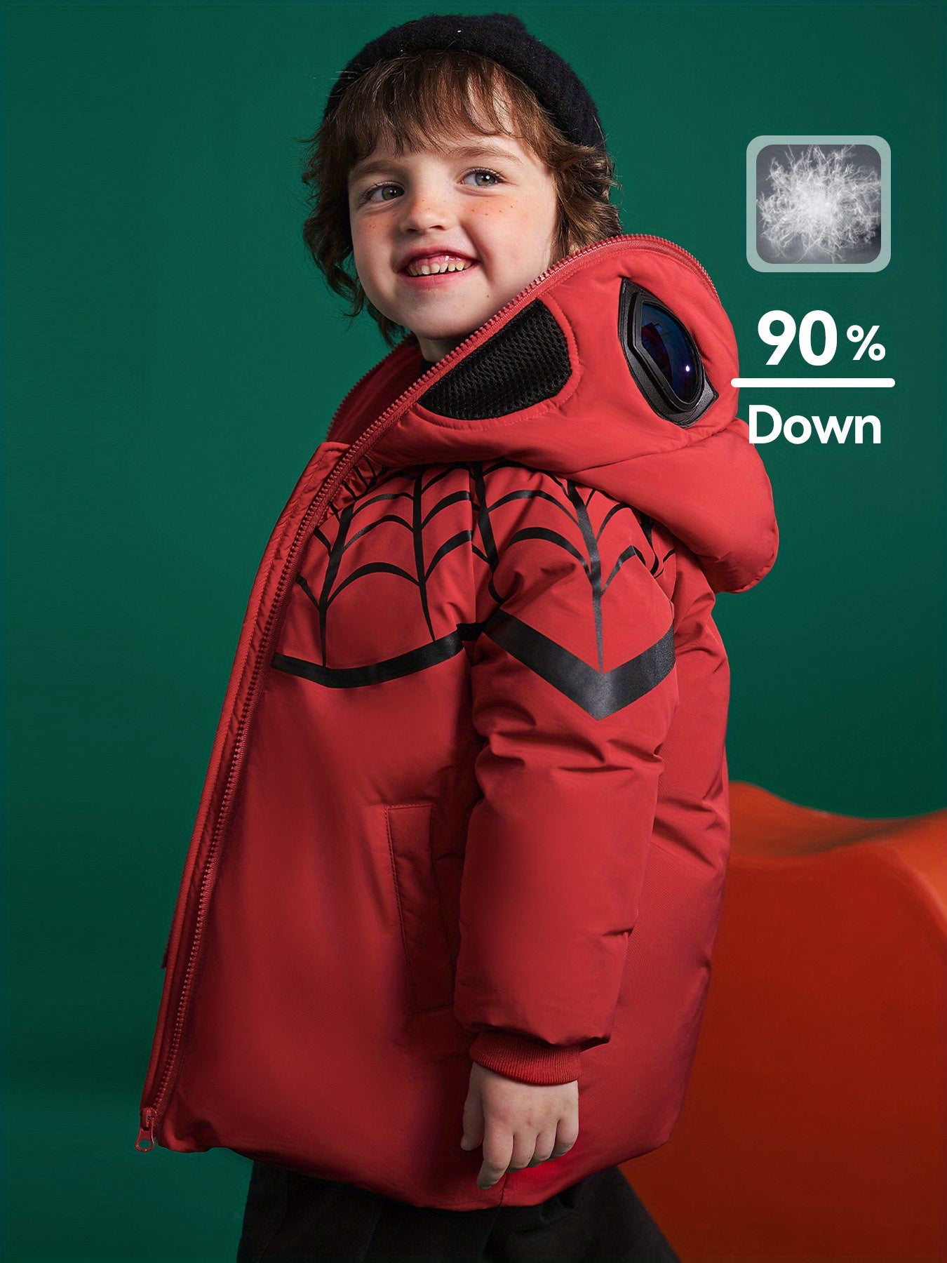 ASK JUNIOR Boys' Spider Pattern Hooded Jacket - 90% White Duck Down, Casual Style with Pockets, Long Sleeve, Drop Shoulder, Regular Fit for Winter Daily Wear & Themed Parties, Winter Coat, Playful Design, Durable Outerwear