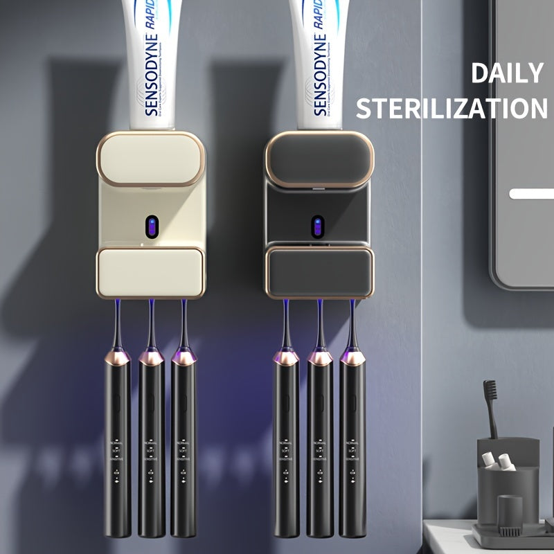 Wall-Mounted Toothbrush Holder with USB Charging, Automatic Toothpaste Dispenser, No-Drill Bathroom Organizer, Plastic Material, Lithium Battery, Ideal for Christmas/Halloween Gift, Toothbrush Holder for Bathroom