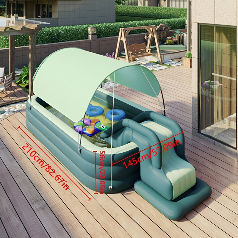 A sunscreen swimming pool suitable for families, easy to operate and use, available in multiple sizes for outdoor use, with a sun blocking effect. All products come with sunshades that need to be installed by oneself, and there are no slides.