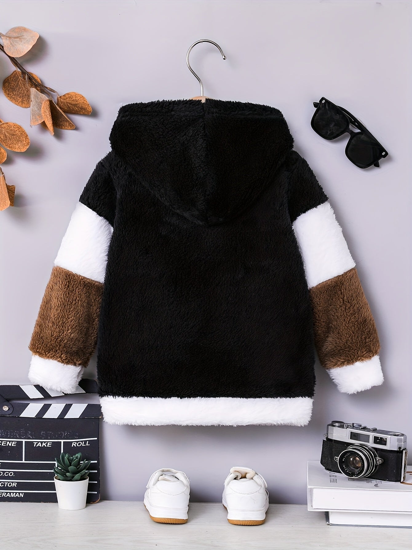 Boys' Autumn and Winter New Double-Sided Polar Fleece Thickened Zip-Up Hoodie, Color Block Patchwork and Crossbody Bag Style Fashion Jacket, Soft and Comfortable Fabric, Trendy Cool Style Boys' Autumn and Winter Thickened Warm Clothing, Suitable for Outd
