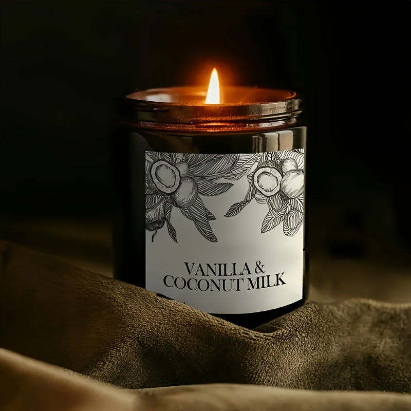 1pc Vanilla & Coconut Scented Soy Wax Candle in Glass Jar with Black Lid - Oval-Shaped, Long-Lasting 12+ Hours Burn Time, Plant-Themed Design for Indoor Home Decor & Valentine'S Day Gifts, Coconut Candle