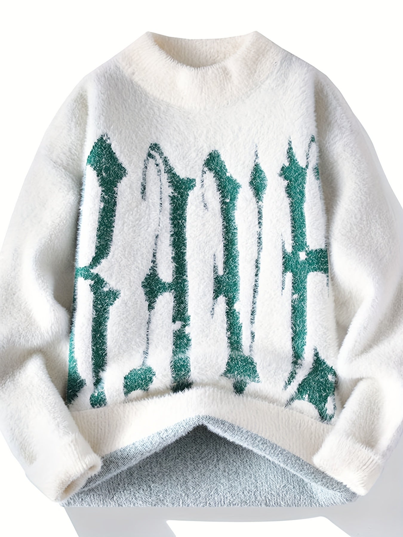 Men'S Cozy Fleece-Lined Knit Sweater - "RANIF" Graphic, Long Sleeve, Crew Neck, Casual Pullover for Fall/Winter, with Green Lettering, Comfortable and Stylish, Winter Clothing | Graphic Sweater | Nylon Knitwear