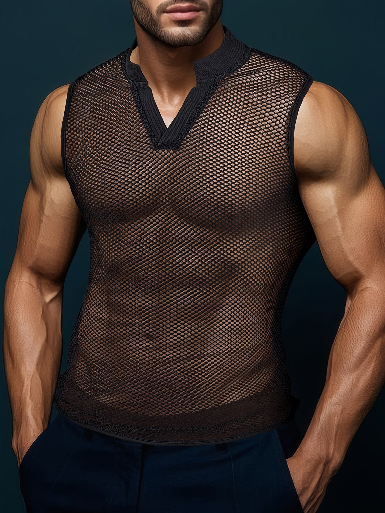 Men'S Breathable Mesh Fabric with Large Holes, Combined with Waffle Texture, Sexy And Stylish V-Neck Sleeveless Henley Tank Top for Sports And Outdoor Leisure.