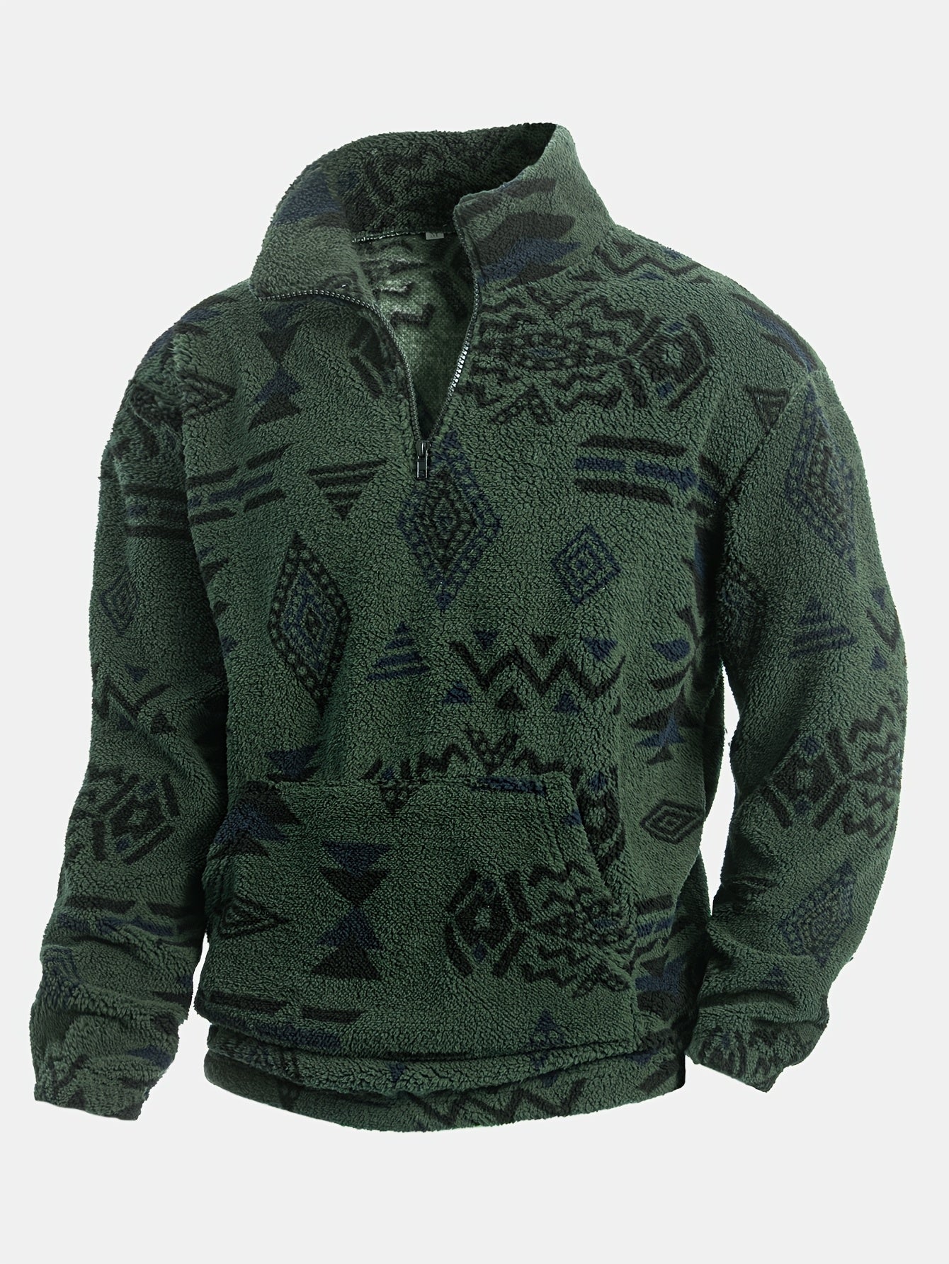Men's Loose Fleece Ethnic Graphic Print Sweatshirt, Casual Half Zipper Stand Collar Long Sleeve Top For Outdoor