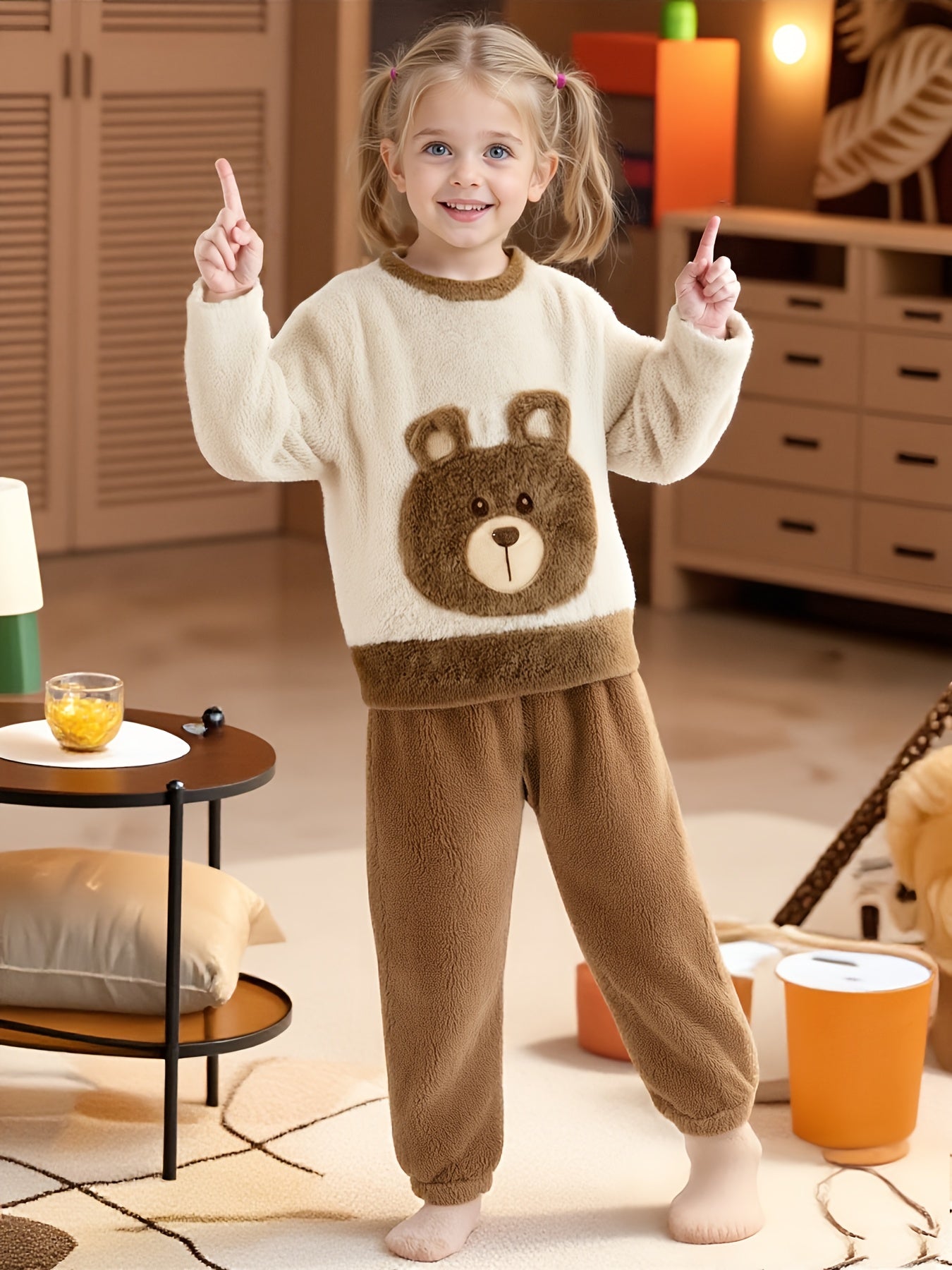 Kids' Flannel Long Sleeve and Pants Set, Korean Version Cute Bear for Boys & Girls with Fleece Lining Thickened Warm Outfit Gift - Birthday Present, Halloween, Christmas