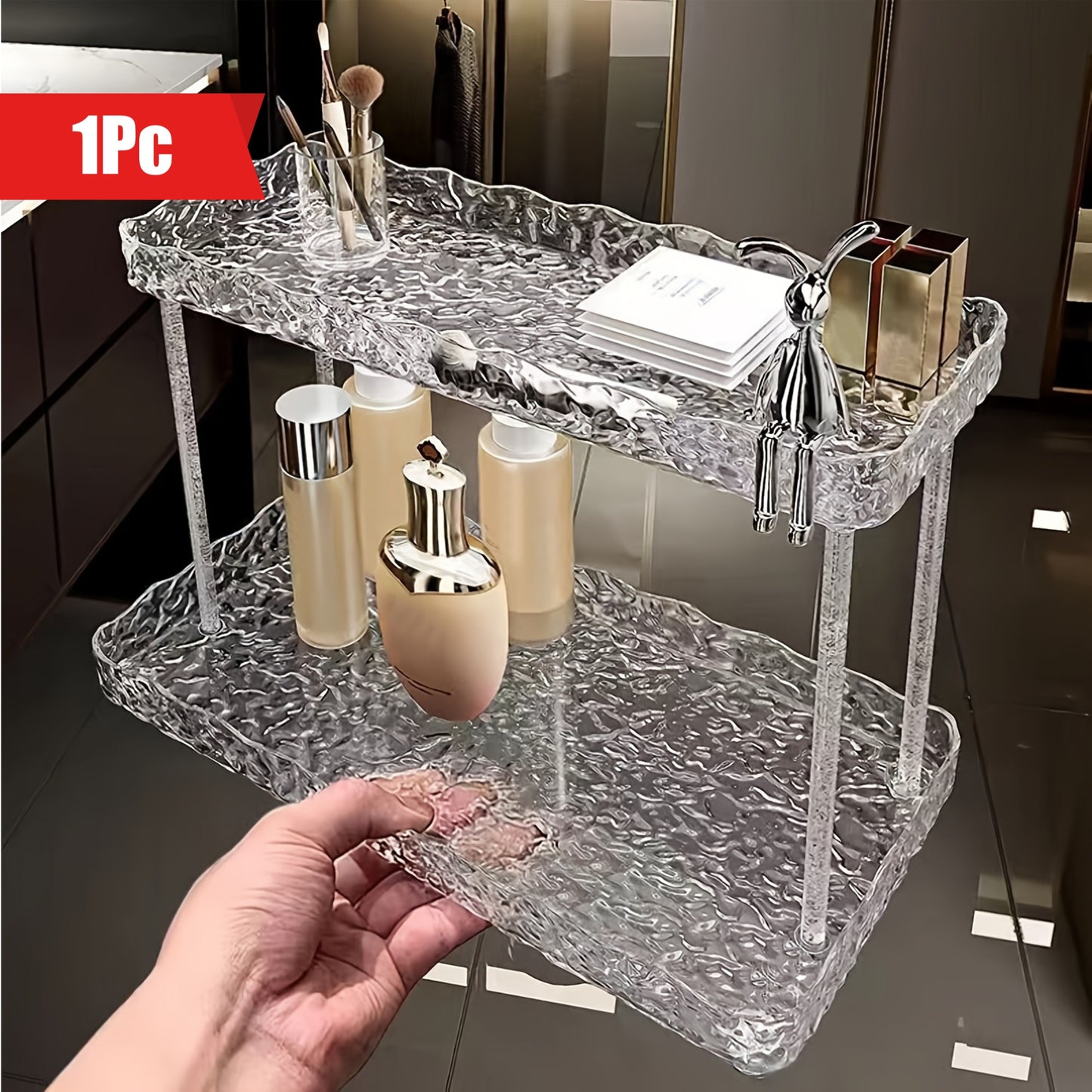 1pc Transparent European Style Acrylic Cosmetic Storage Shelf - Bedroom Tiered Freestanding Plastic Organizer for Skincare, Perfume, Bathroom Toiletries