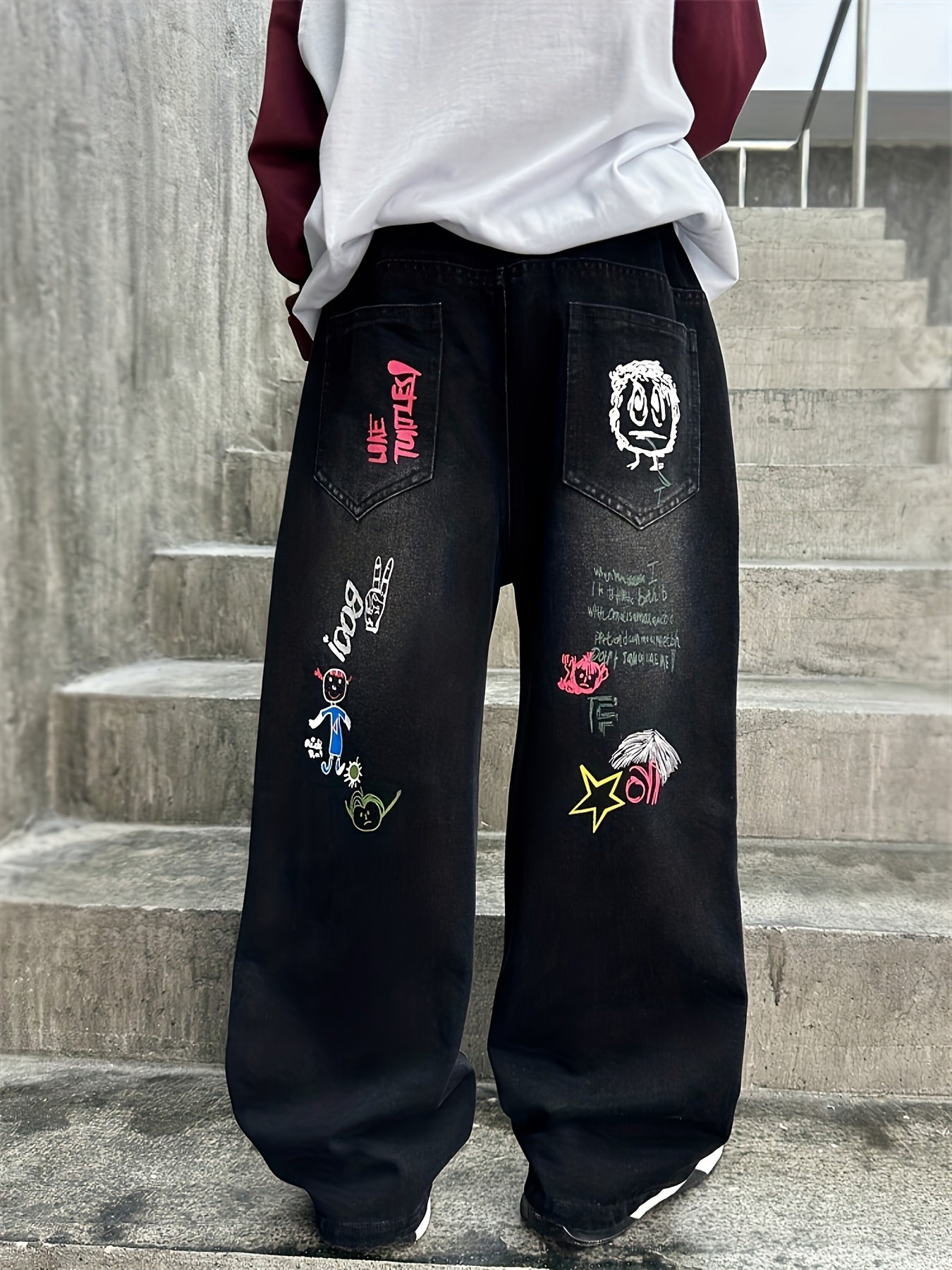 Y2K style cartoon print boys spring and autumn fashionable casual loose outdoor sports straight jeans male students spring and summer campus trend outing riding dance jeans