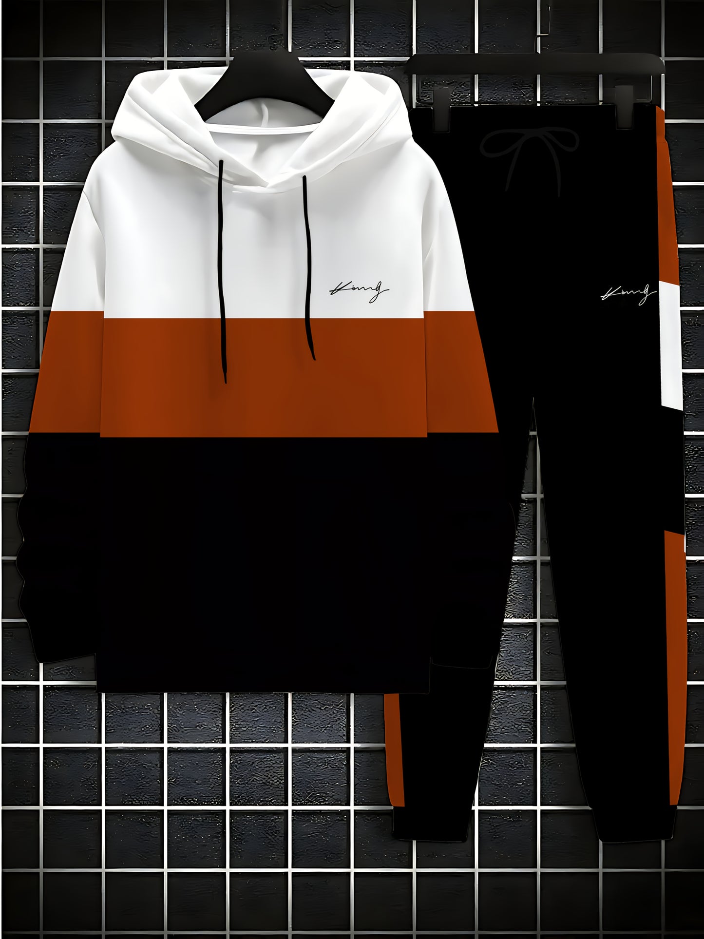 Men'S Casual Sportswear Set for Autumn And Winter, Featuring a Hooded Sweatshirt with Color-Block Design, Along with Matching Long Pants, Suitable for All Seasons.