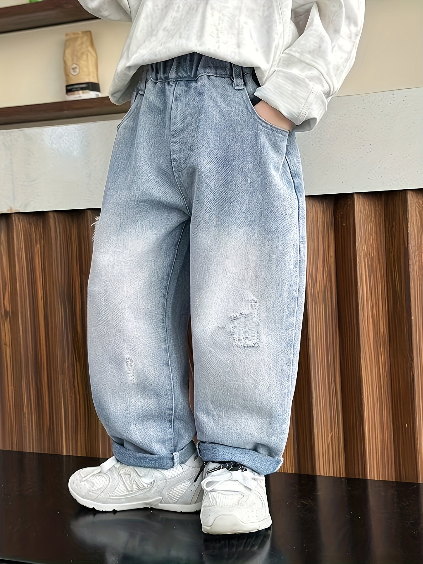 Boys' Casual Cartoon Print Wide Leg Jeans with Puff Details & Distressed Knees - Spring/Fall Youth Streetwear Pants for Teens, Hand Wash Only, Jeans, Jeans for Kinds, Baggy Jeans