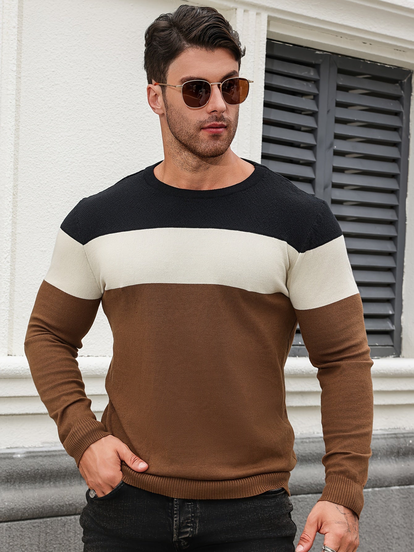 All Match Knitted Color Block Sweater, Men's Casual Warm High Stretch Crew Neck Pullover Sweater For Men Fall Winter