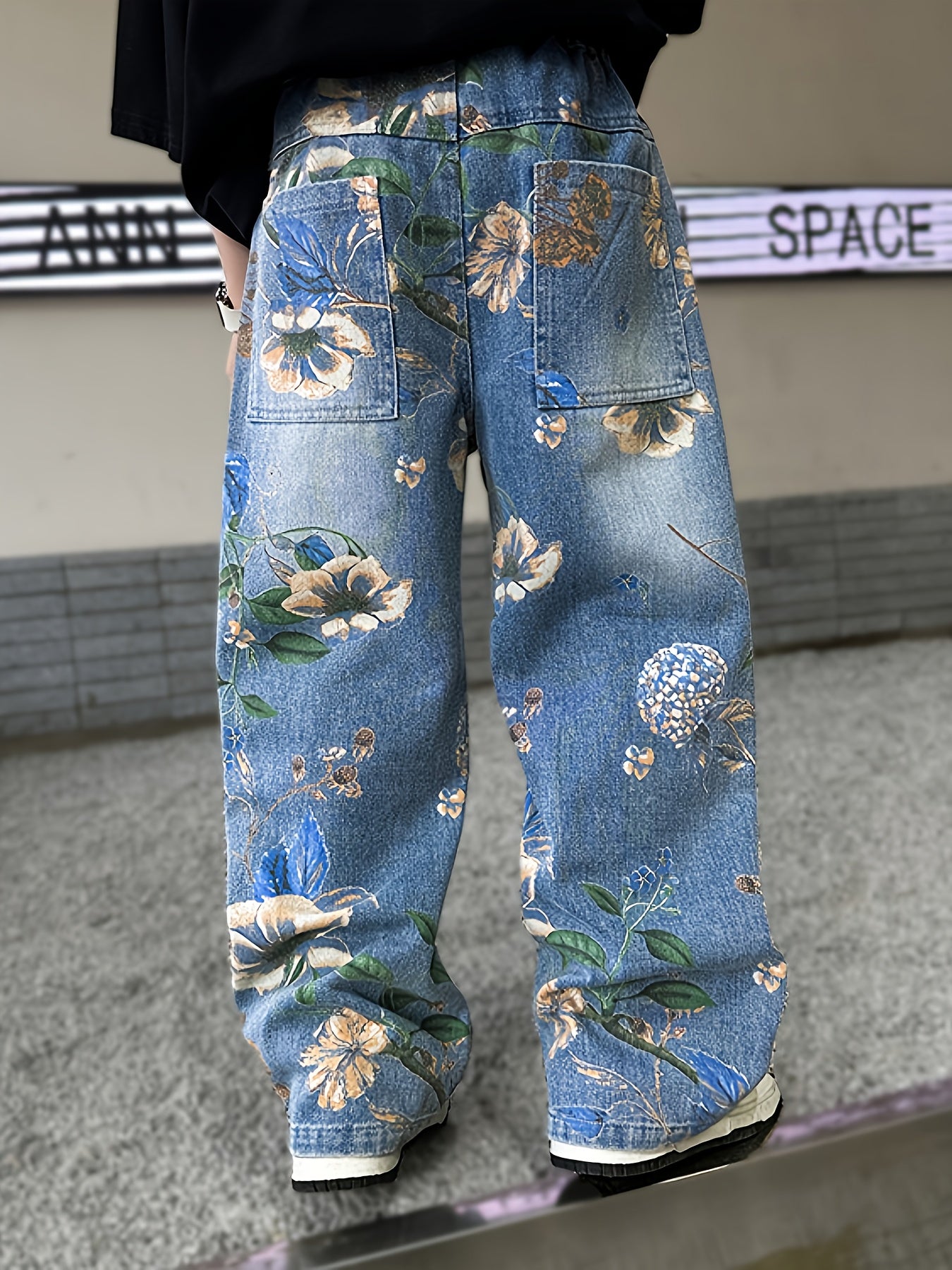 Boys' Y2K Style Straight-Leg Faux Denim with Floral Print - Elastic Waist, Loose Fit, All-Season Casual Pants for School, Outdoor & Cycling, Durable Polyester, Mid-Rise, Perfect for Students & Youngsters, Outdoor Faux Denim | Y2K Fashion | Durable Faux D