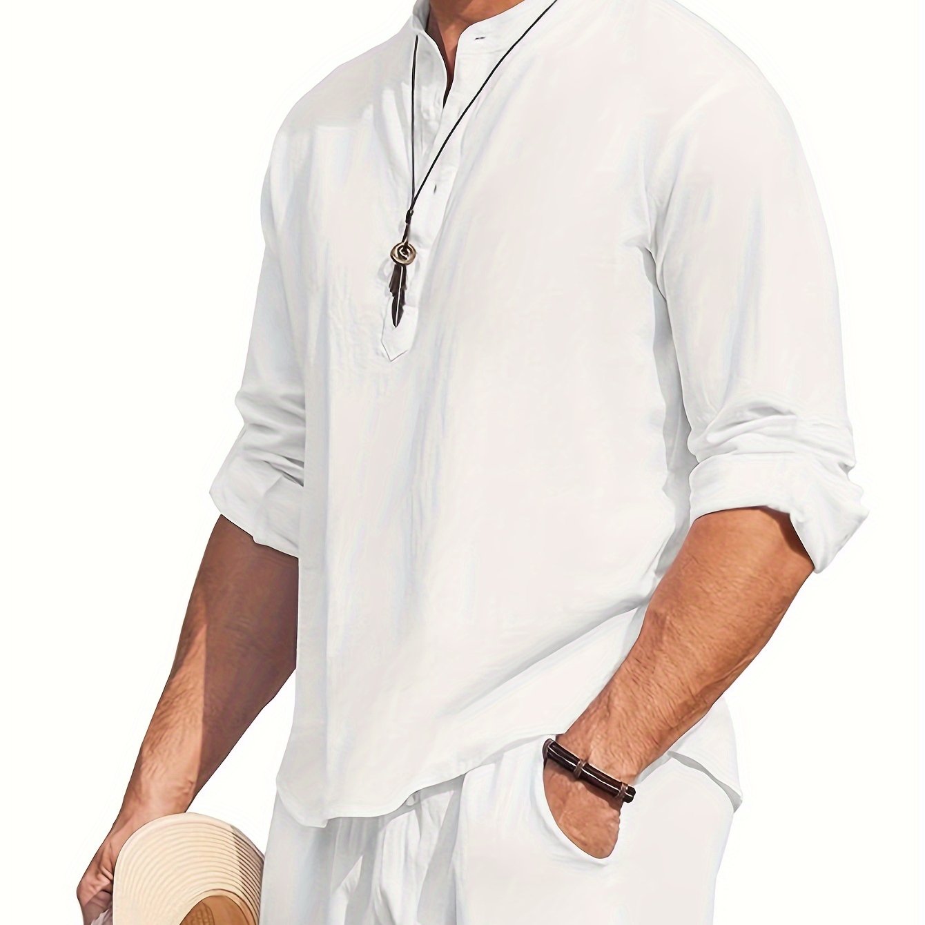 Men's Linen Blend Retro Henley Shirt Long Sleeve T-shirt Tee, Casual Comfy Shirts For Men Spring Summer Autumn, Men's Clothing Tops For Beach Yoga