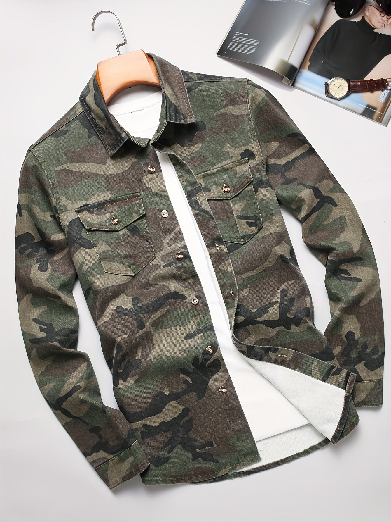 Men'S Camouflage Shirt - Button-Up Long Sleeve Formal & Everyday Shirt in Green/Brown/Black/Gray/White/ - Non-Stretch Fabric for Office, Outdoor, Casual Events - Spring/Fall Business-casual Attire, Outdoor Clothing, Classic Collared Design, Durable Fabri