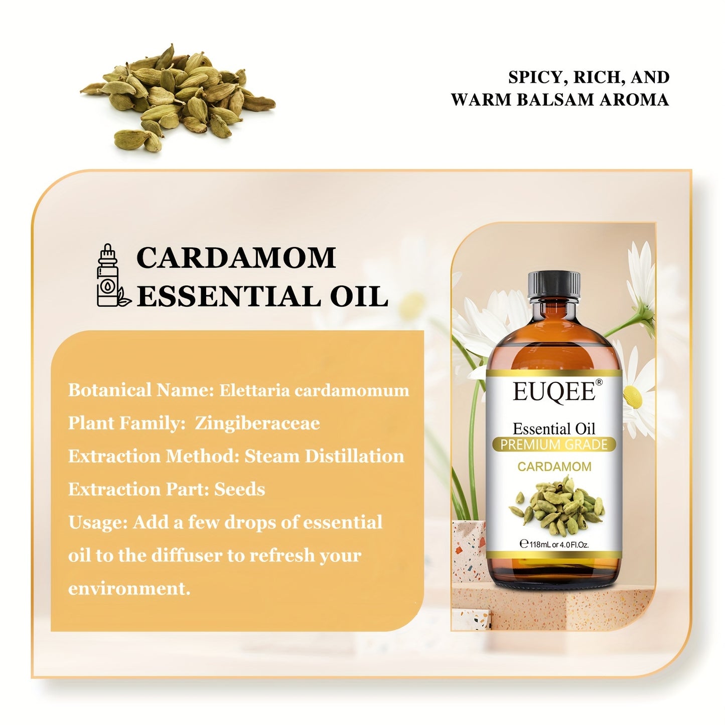 1 Bottle EUQEE Cardamom Essential Oil, 118ml/4.0fl.oz, Aromatherapy Grade, Mood Lifting, Multipurpose Liquid for Diffusers, Humidifiers, Oil Burners & DIY Crafts