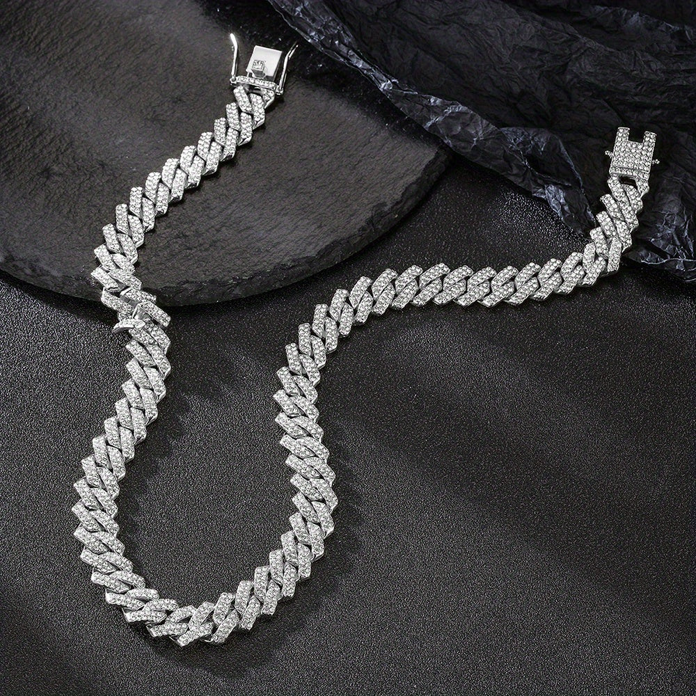 1pc 13.5MM Solid Iced Out Link Chain Necklace - Stylish Hip Hop Rapper Fashion Jewelry for Men - Durable, Hypoallergenic, and Nickel-Free