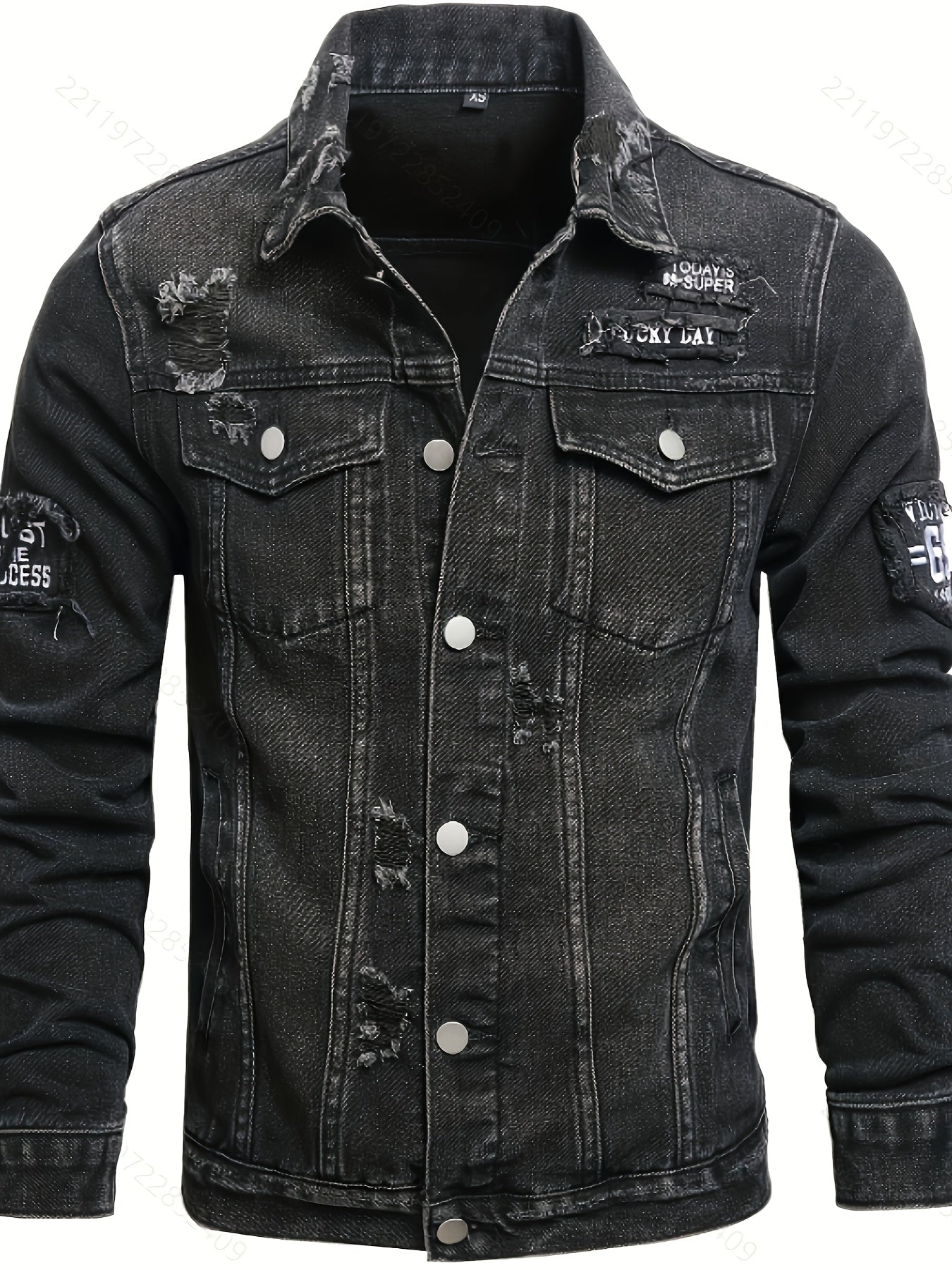 Men's Black Distressed Jacket - Vintage Streetwear Coat with Button-Up Front, Non-Stretch Fabric - Machine Washable Casual Outerwear for Everyday & Formal Events, Versatile Clothing, Classic Collar, Quality Stitching, Stylish Outerwear, Urban Style