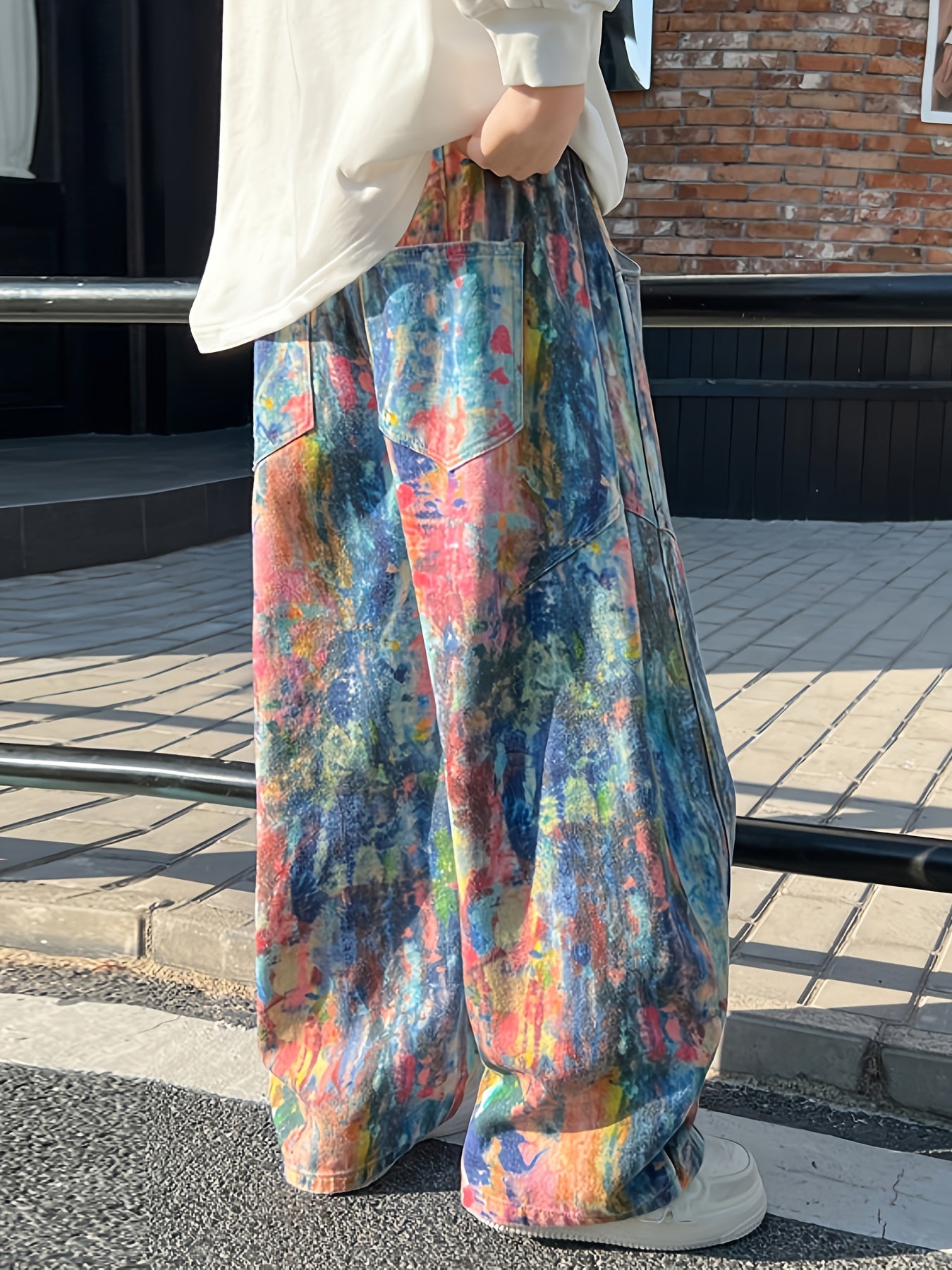 Boys' Streetwear Wide-Leg Pants - Vibrant Tie-Dye Pattern, Elastic Waistband with Drawstring, Pockets, Regular Fit Casual Trousers for Spring/Fall Outdoor Play & Casual Attire, Boy Pants, Spring Fall Attire, Trendy Streetwear, Comfortable Fit, for Outdoo