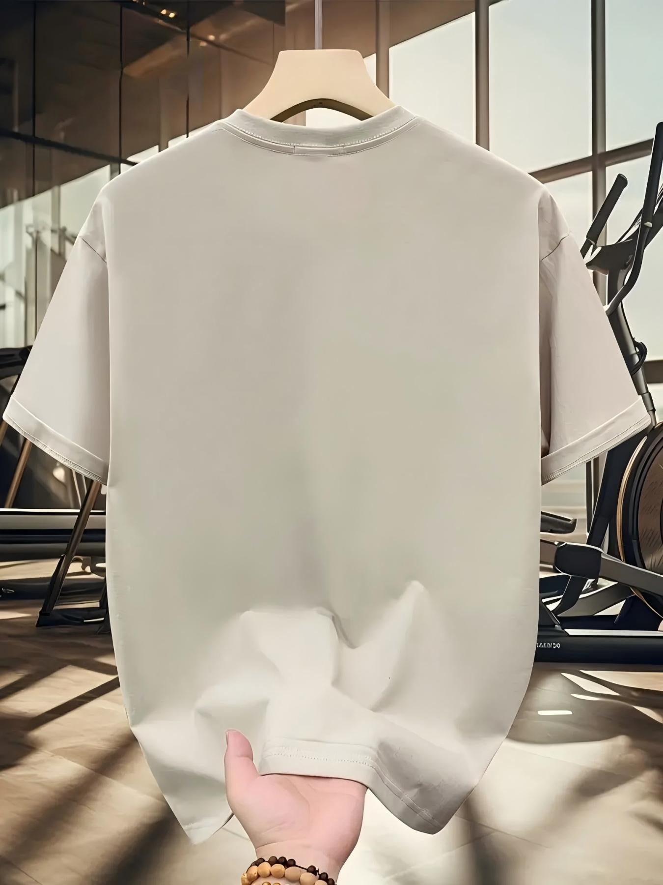 Men's 100% Cotton T-Shirt with Logo Print (-like Design) - White Short Sleeve Round Neck Casual Shirt, Beige Minimalist Branding Tee for Casual Attire, Machine Washable & All-Season Fit