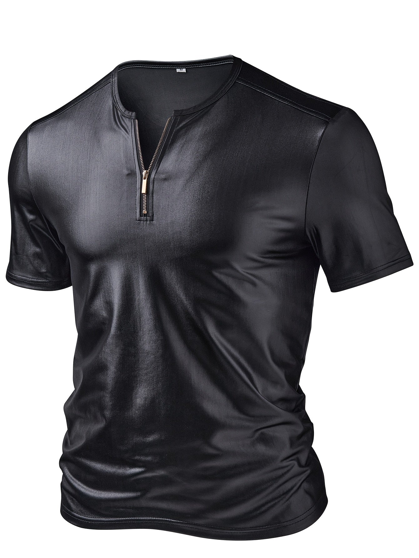Men'S Stylish Black Henley Shirt - Casual Summer Short Sleeve with Zipper Detail, Stretch Knit Fabric, Regular Fit Henley Neckline, Smooth Fabric for Casual Attire