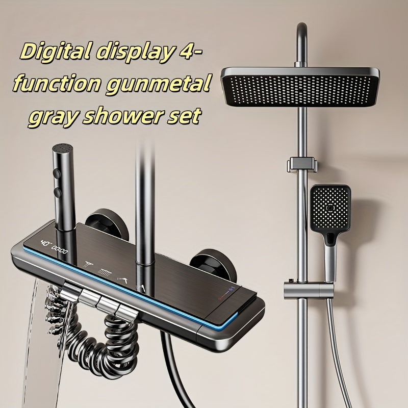 A luxurious gunmetal gray shower set with piano key design, ambient light, digital display and 4-function system. This pressurized home bathroom device is an essential item, serving as bathroom accessories and ideal for bathroom decor gifts.