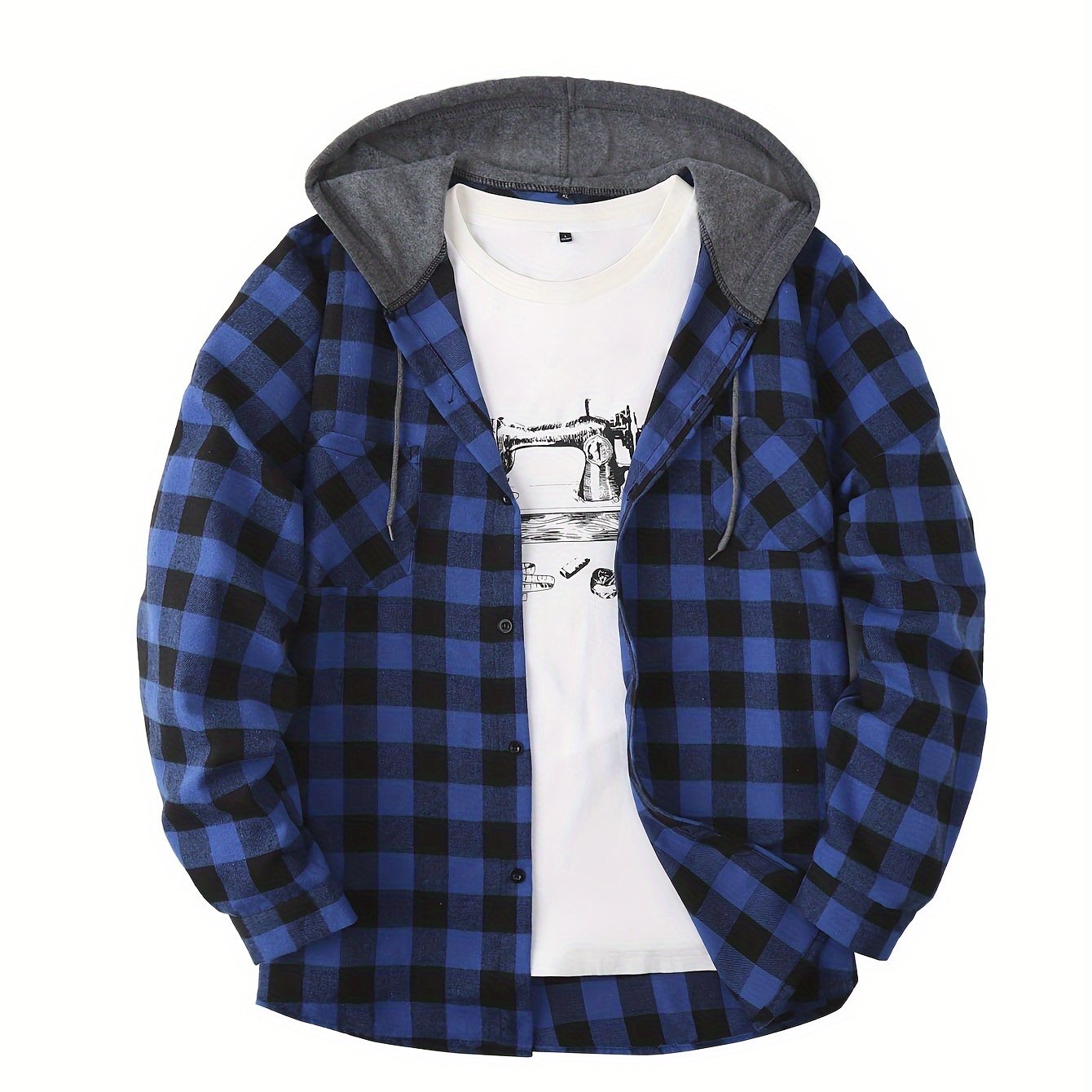 Long Sleeve Casual Regular Fit Button Up Hooded Shirts Jacket, Plaid Shirt Coat For Men