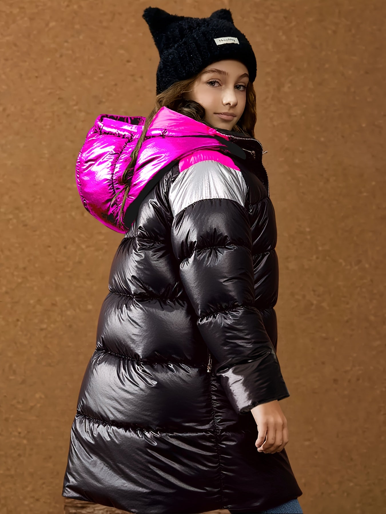 Girls' Winter Oversized Hooded Coat with Full-Zip Front Closure, Full-Length Black & Pink/White Jacket - Heavy-Duty Outerwear for, Casual & Formal Events, Stylish Winter Outerwear for Girls (Easy-Care, Hand Wash/Dry Clean) - Ideal for Everyday & Special