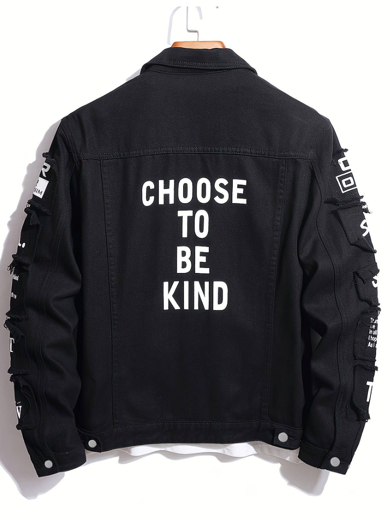 Men'S High Street Style Black Faux Denim Jacket with "BIG" Letter Patch - Loose Fit, Long Sleeve, Button-Up Front, Casual Workwear Jacket for Casual Attire, Casual Outerwear | Trendy Faux Denim Jacket | Functional Pockets