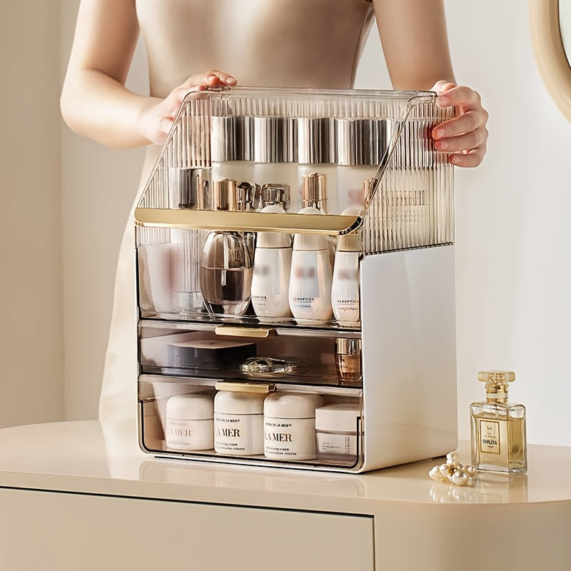 Large Capacity Transparent Cosmetic Organizer with Drawers - Durable Plastic Makeup Storage Box for Perfume, Skincare, Lipstick - Countertop Bathroom Vanity Organizer, No Assembly Required, Space-Saving Design, Makeup Vanity Desk, Sleek Design